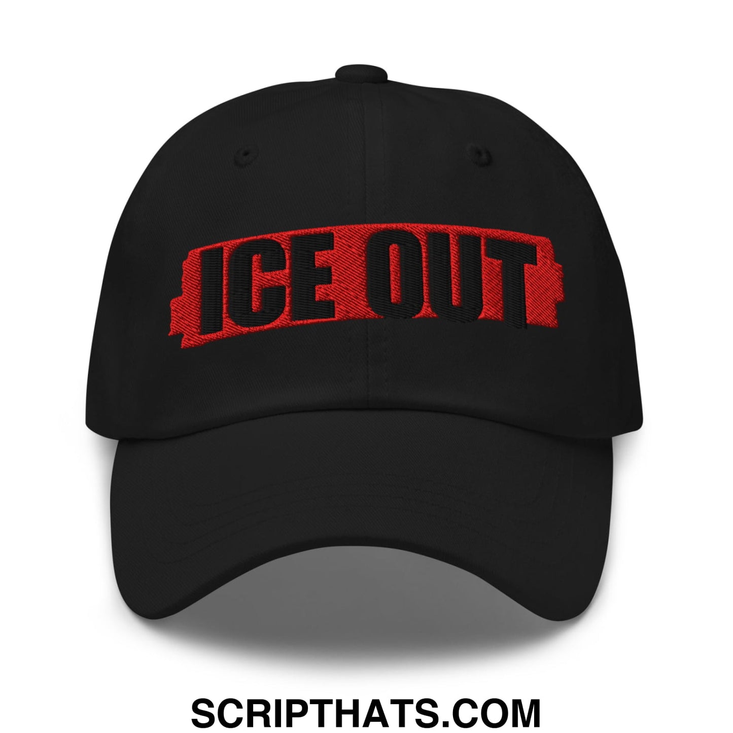 Black unstructured dad hat with bold red and black embroidered ice out logo perfect for casual wear