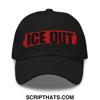 Black unstructured dad hat with bold red and black embroidered ice out logo perfect for casual wear