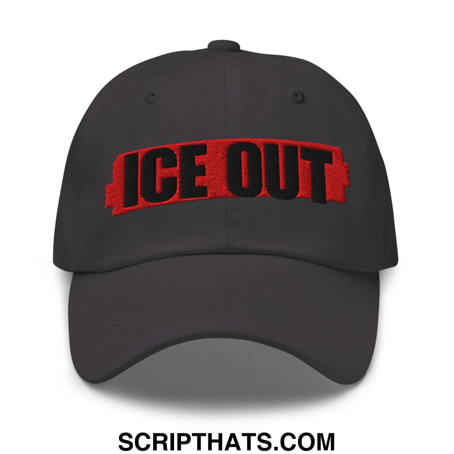 Dark gray ice out embroidered unstructured dad hat with bold black and red stitching on front panel