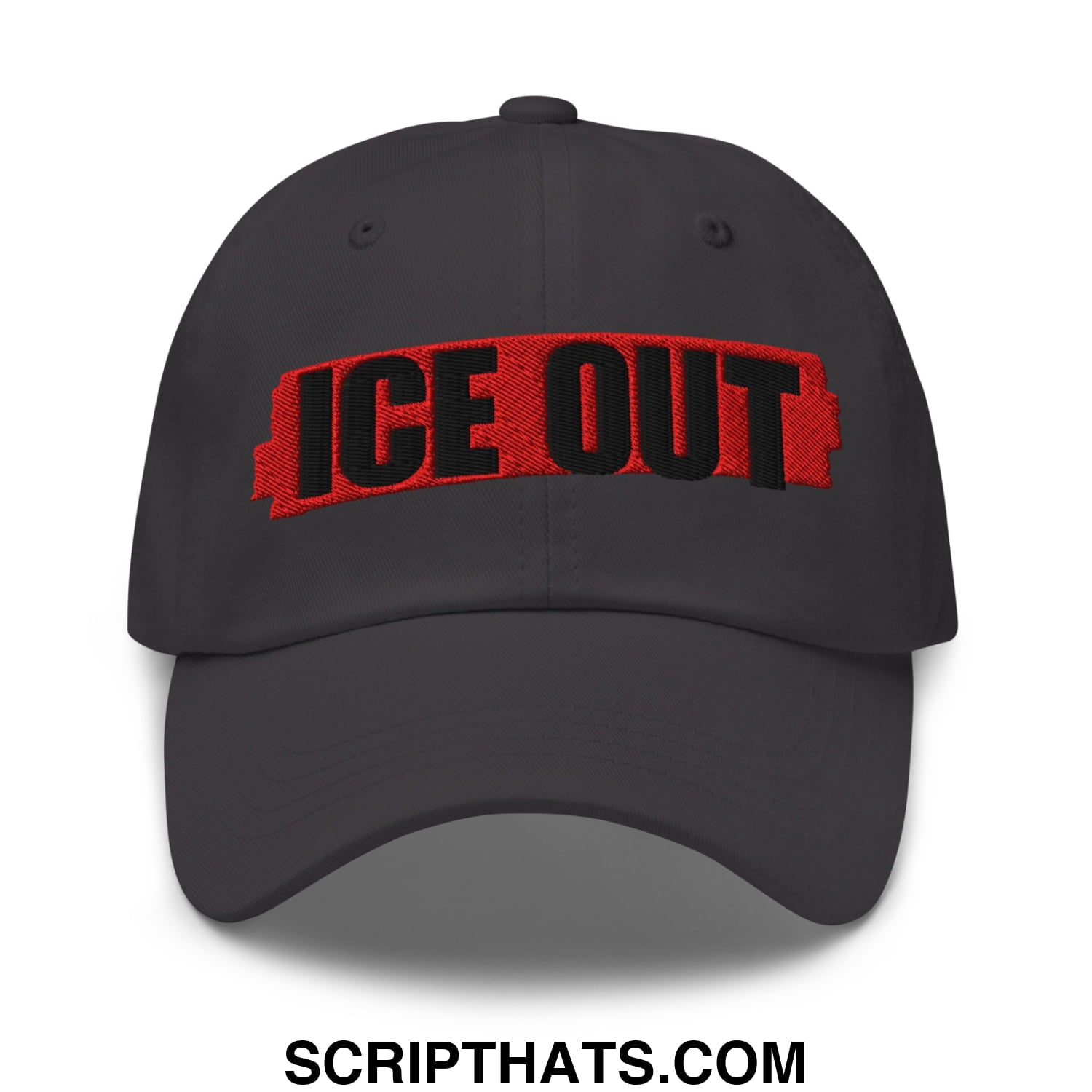 Dark gray ice out embroidered unstructured dad hat with bold black and red stitching on front panel