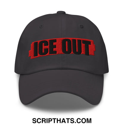 Dark gray ice out embroidered unstructured dad hat with bold black and red stitching on front panel