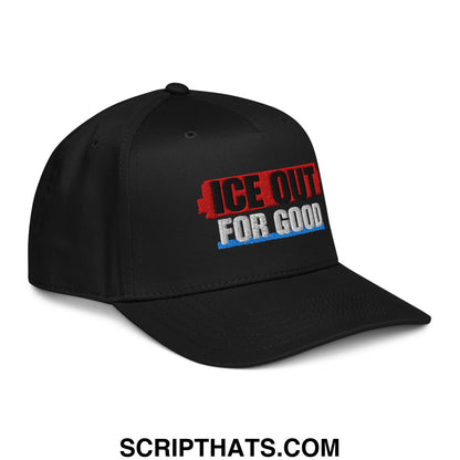 Black snapback cap with embroidered ice out for good text in red and white accented by blue stripes front view