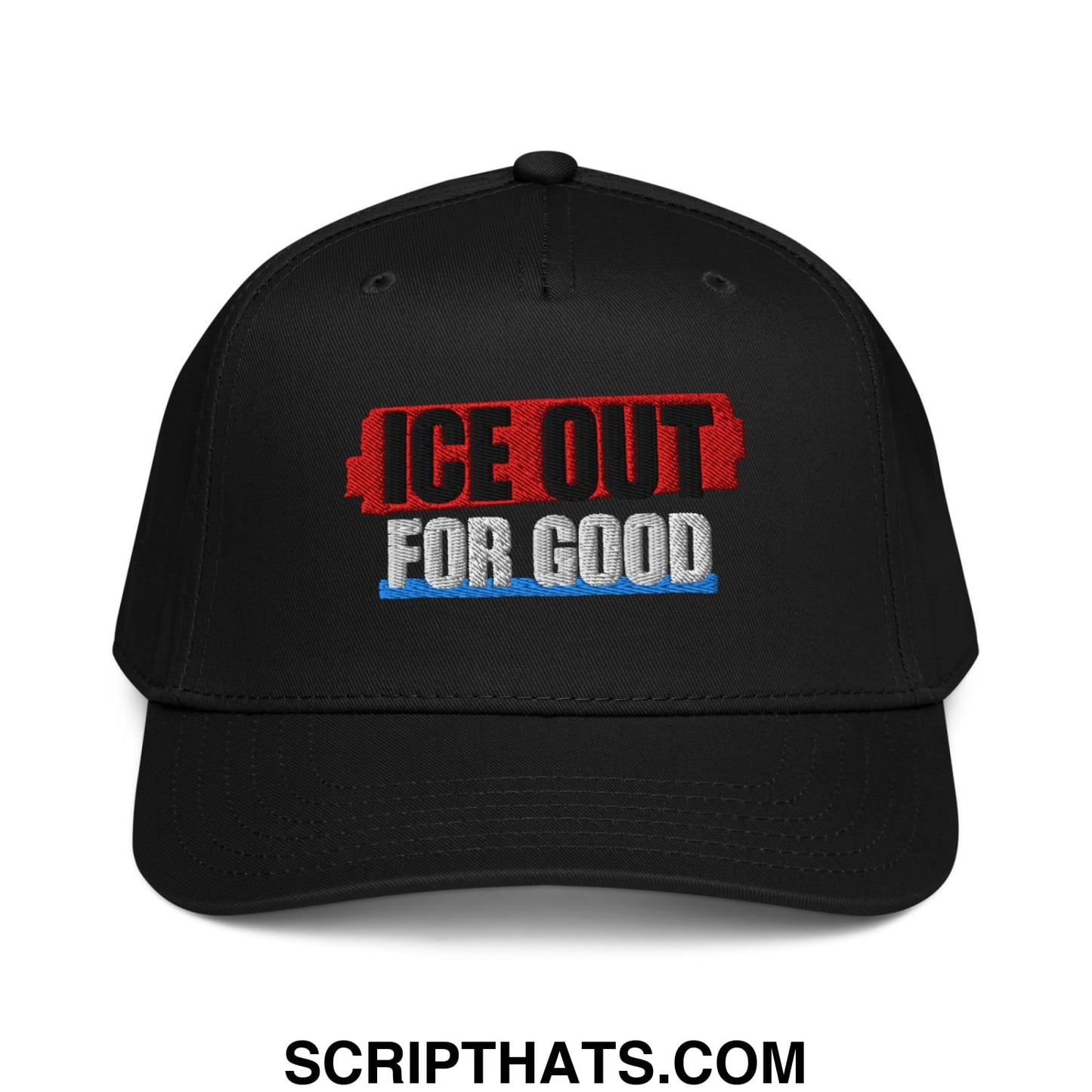 Black embroidered ice out for good baseball snapback hat with red black and blue text design