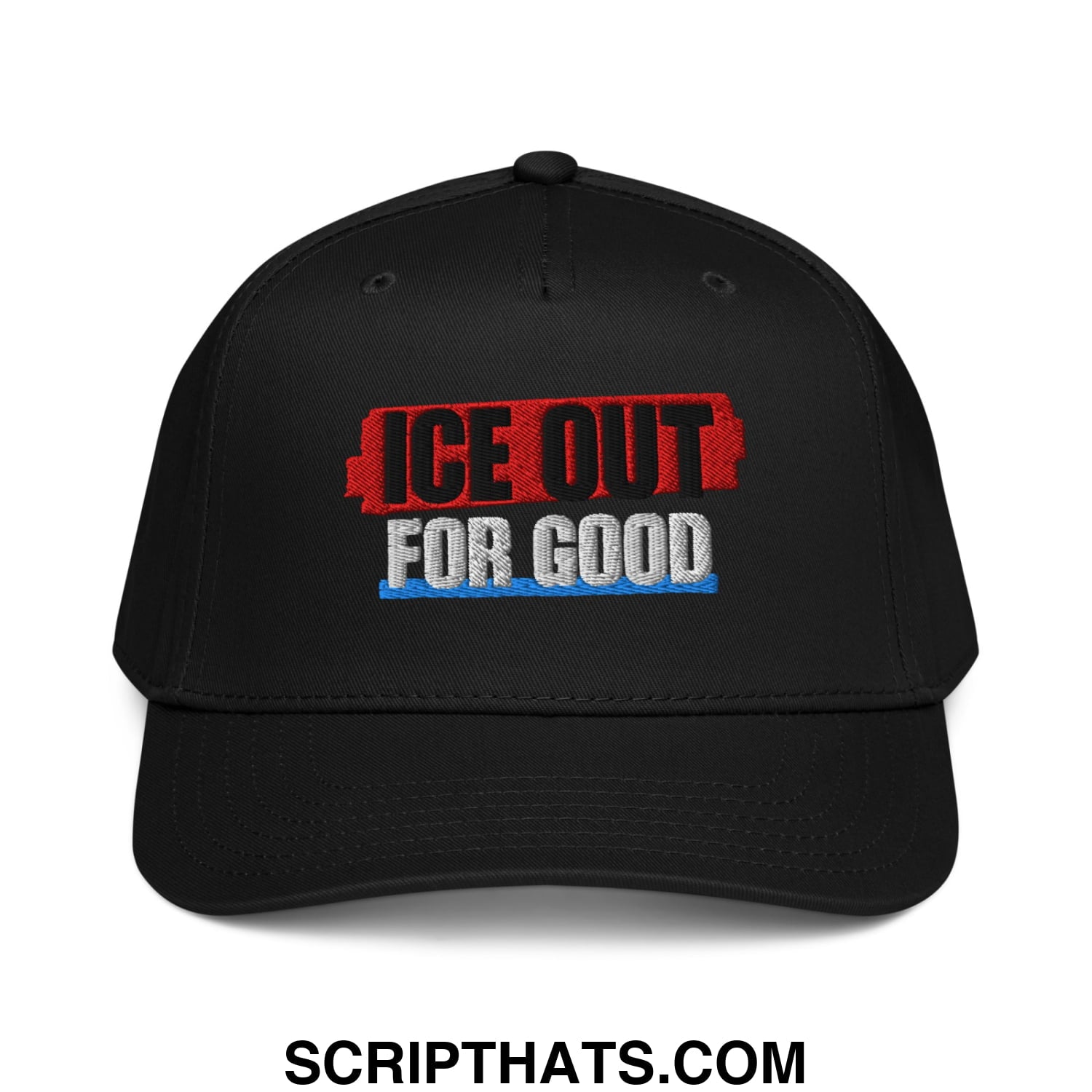 Black embroidered ice out for good baseball snapback hat with red black and blue text design