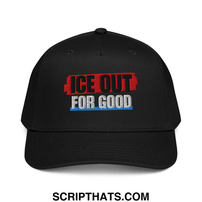 Black embroidered ice out for good baseball snapback hat with red black and blue text design