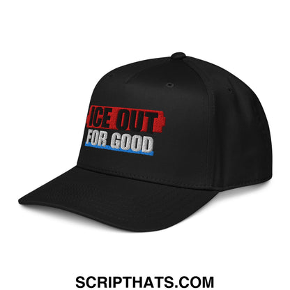 Black snapback cap with embroidered ice out for good text in red and white with blue underline for casual wear