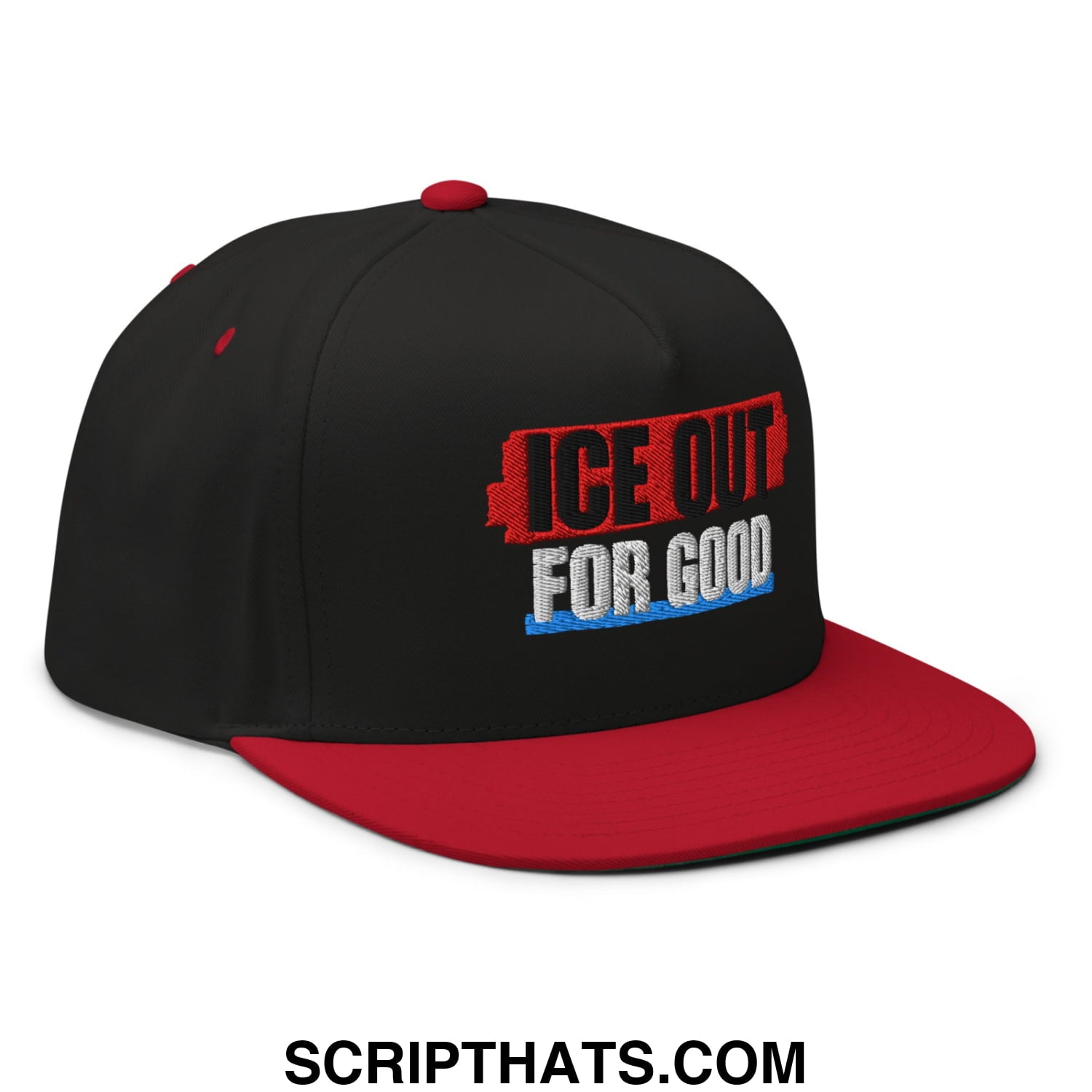 Black and red snapback hat with embroidered ice out for good text on flat bill brim five panel design