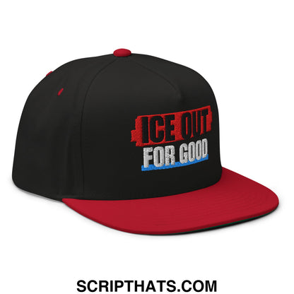 Black and red snapback hat with embroidered ice out for good text on flat bill brim five panel design