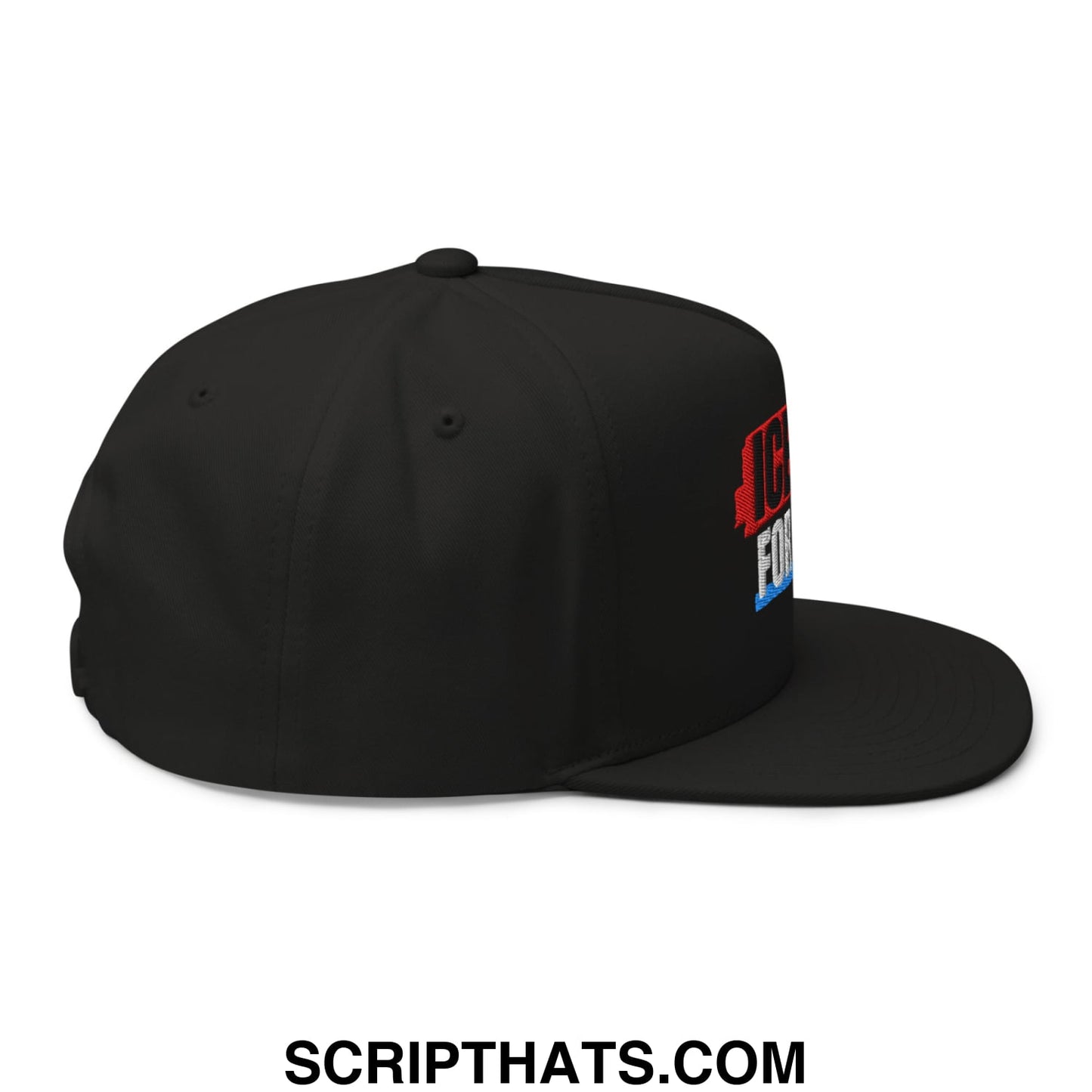 Black ice out for good snapback hat with red and blue embroidered lettering and flat bill brim in 5 panel design