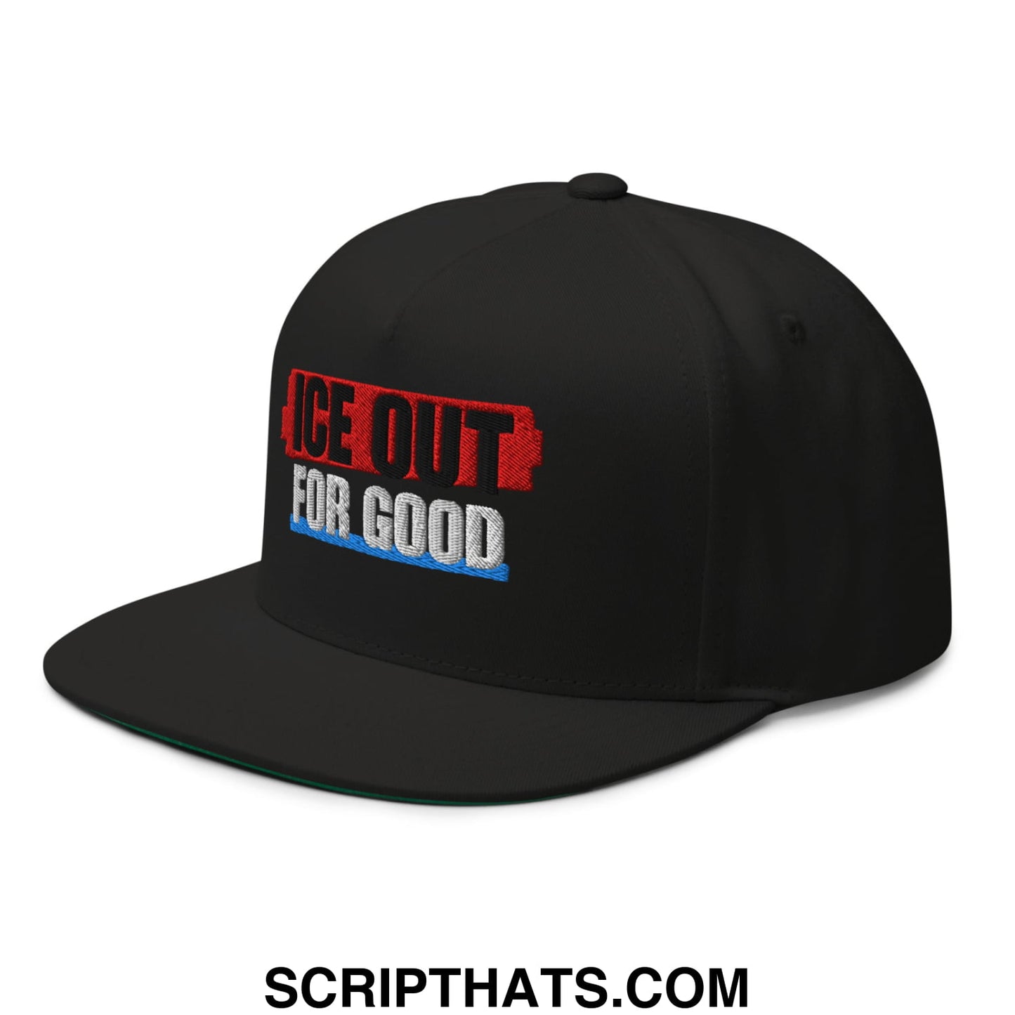 Black snapback hat with ice out for good embroidered in red white and blue on a flat bill brim 5 panel design