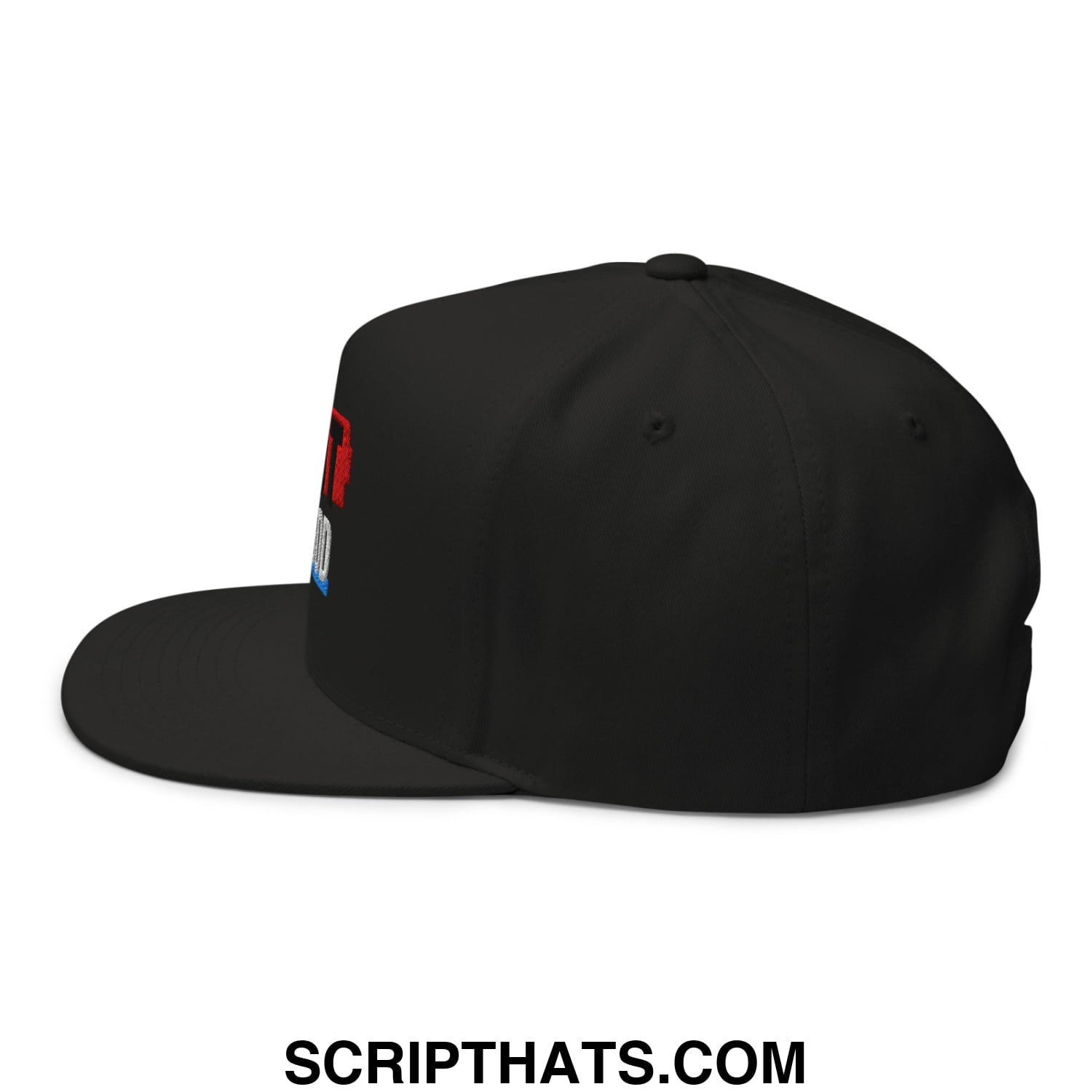 Black snapback cap with red and blue embroidered logo on the side ice out for good flat bill brim hat
