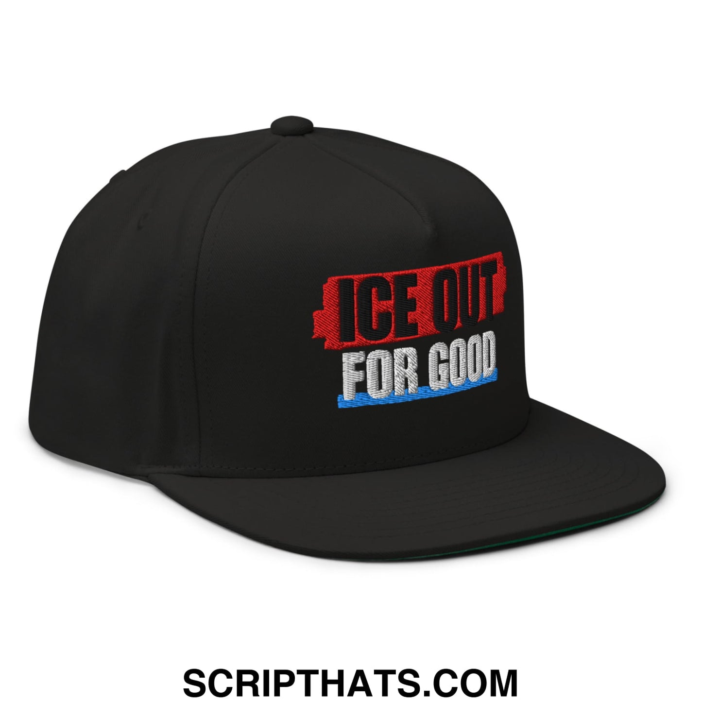 Black snapback cap with embroidered ice out for good logo in red black and blue thread flat bill brim five panel design
