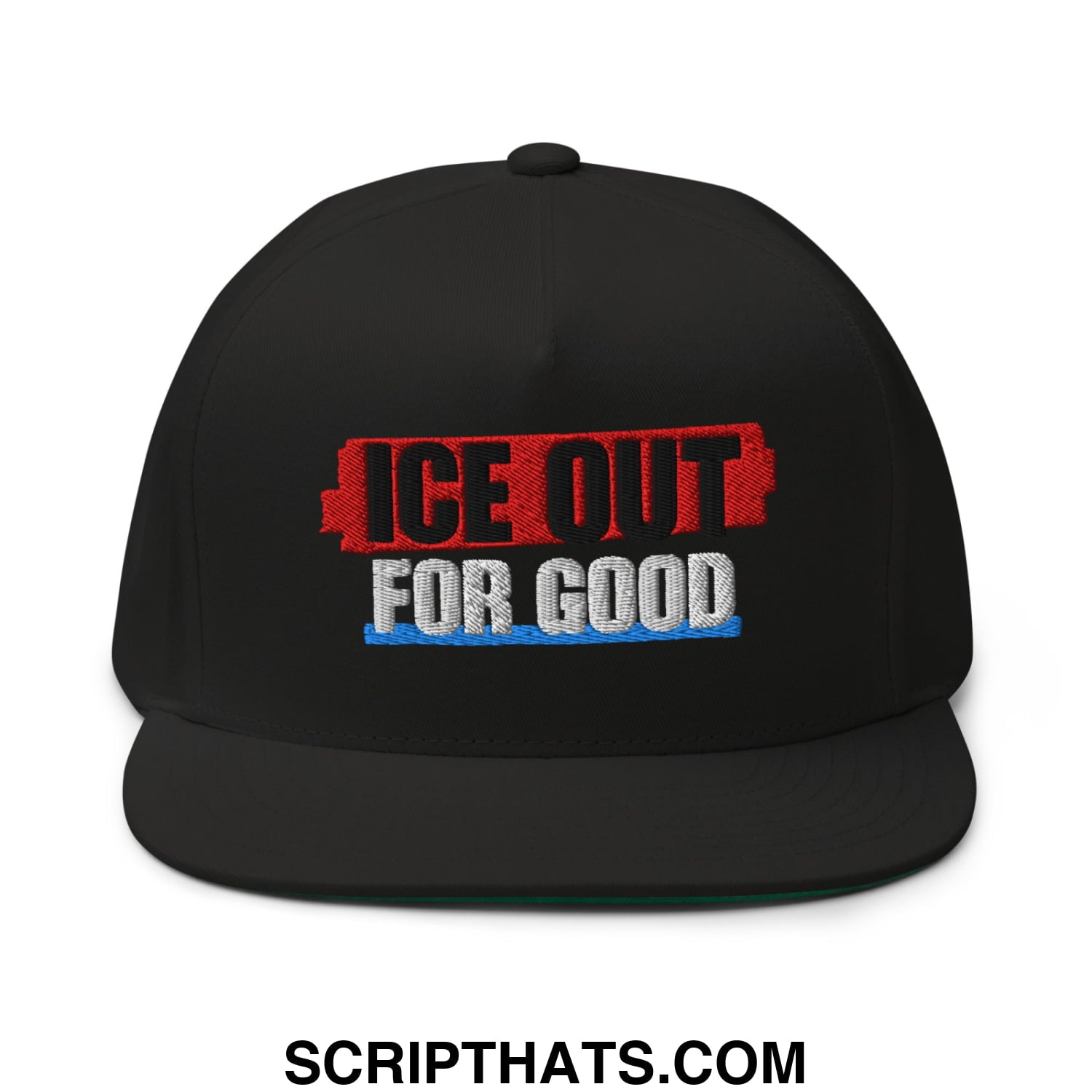 Black snapback hat with ice out for good embroidered logo in red white and blue thread on flat bill brim