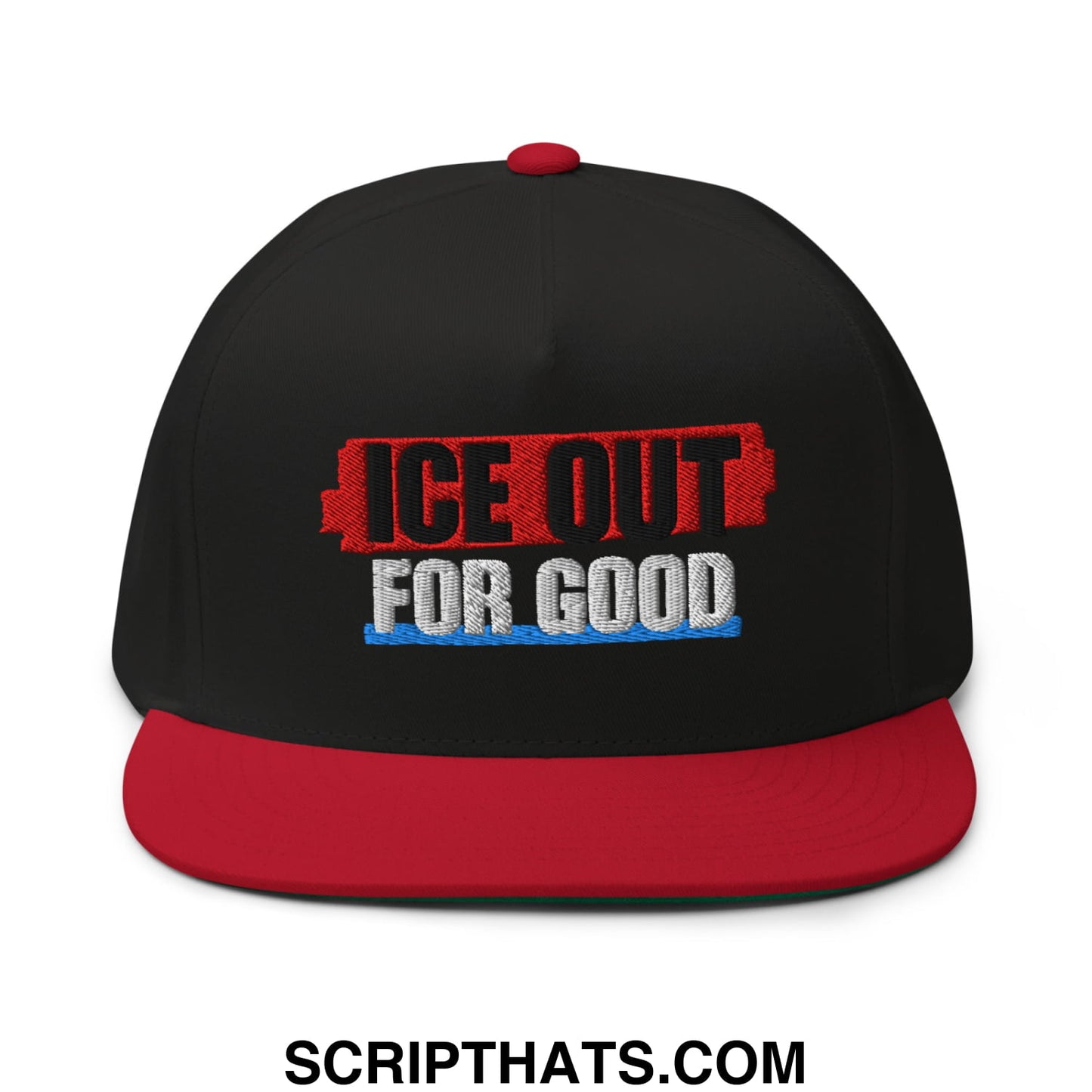 Black snapback cap with red brim and button featuring embroidered ice out for good text in red white and blue