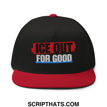 Black snapback cap with red brim and button featuring embroidered ice out for good text in red white and blue
