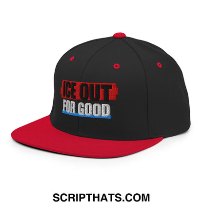 Black snapback cap with red brim and button featuring embroidered ice out for good text in black white and blue