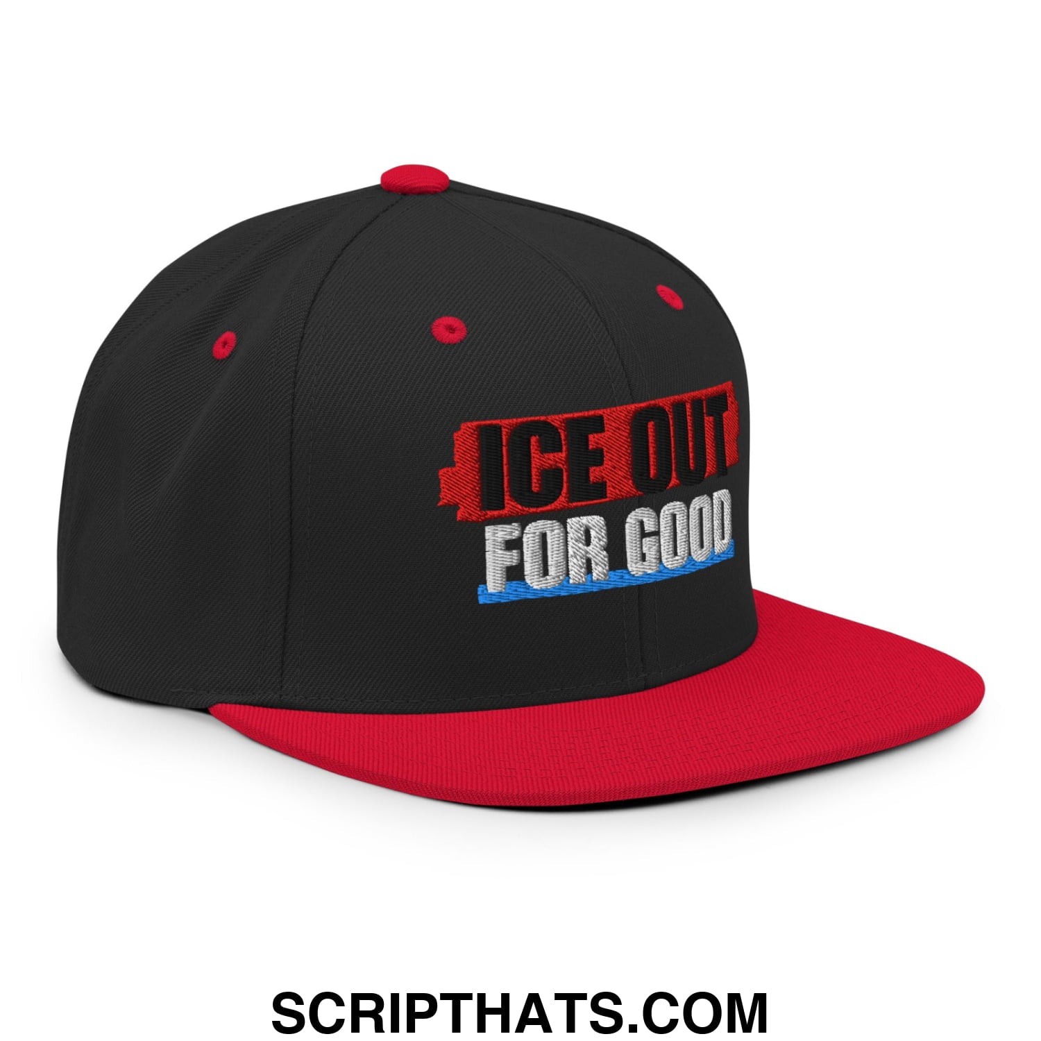 Black and red snapback hat with embroidered ice out for good logo and flat bill brim for casual wear