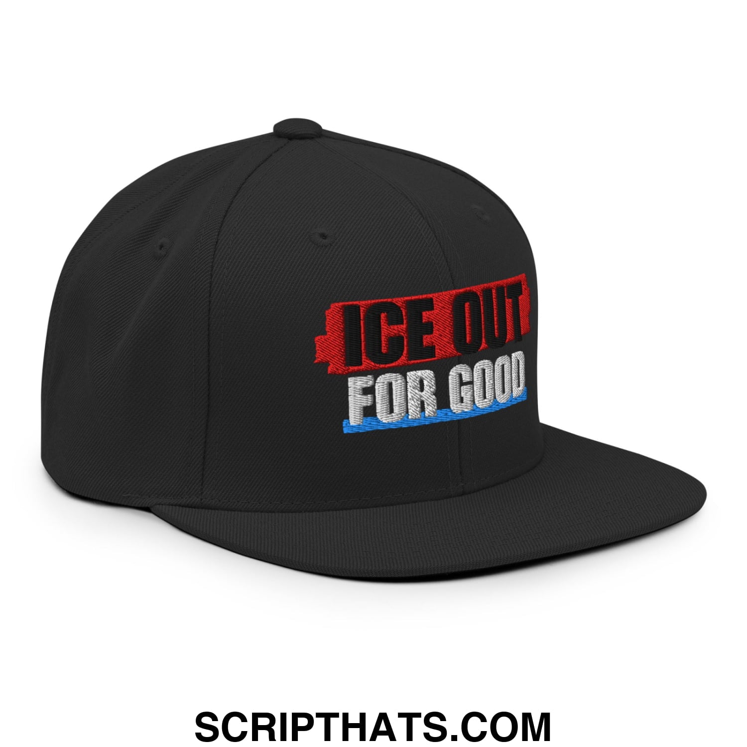 Black snapback hat with flat bill brim and ice out for good embroidered logo in red black and blue thread