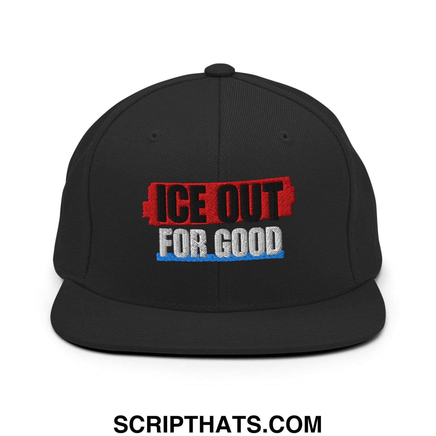 Black snapback hat with embroidered ice out for good logo in red black and blue thread flat bill brim design