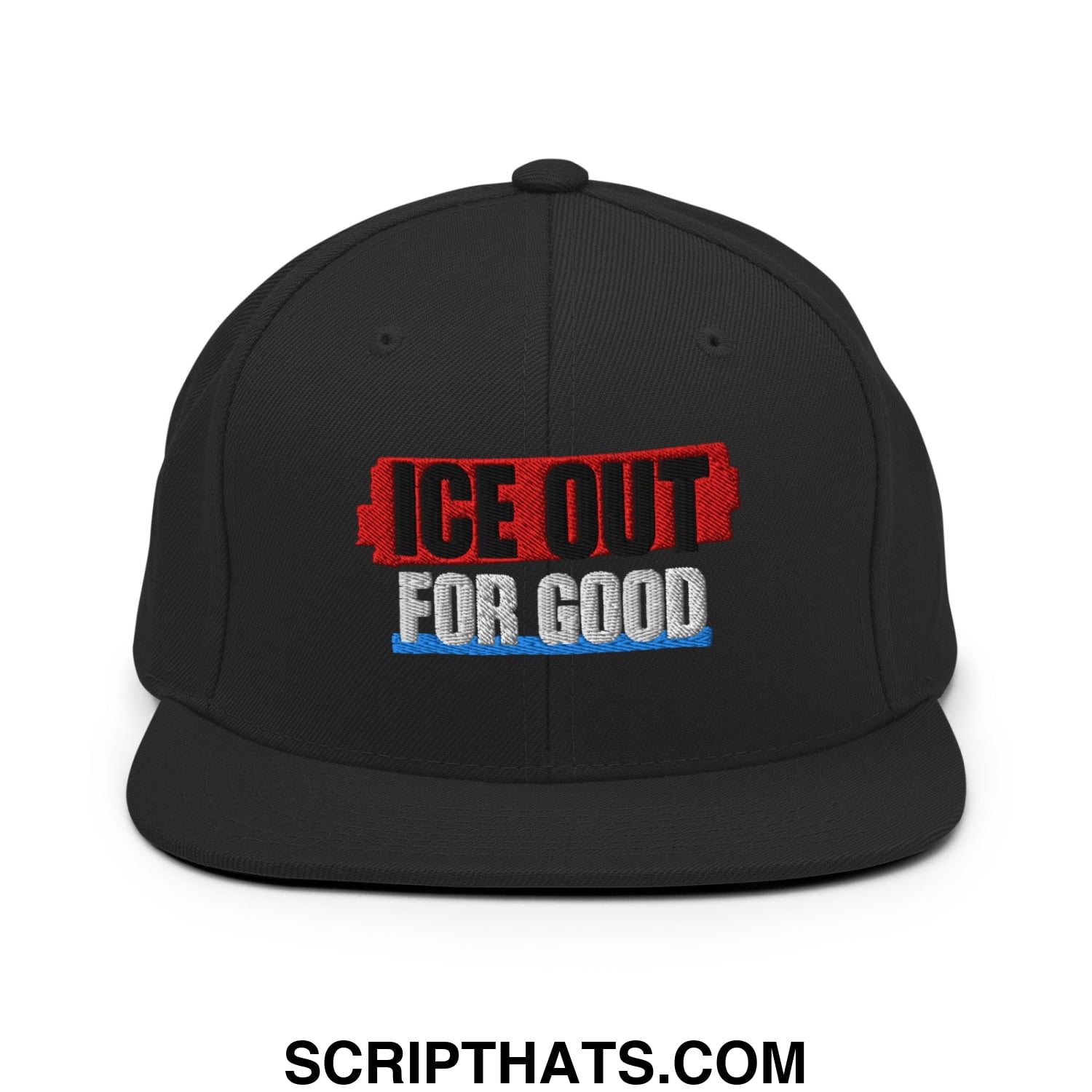 Black snapback hat with embroidered ice out for good logo in red black and blue thread flat bill brim design