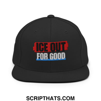 Black snapback hat with embroidered ice out for good logo in red black and blue thread flat bill brim design