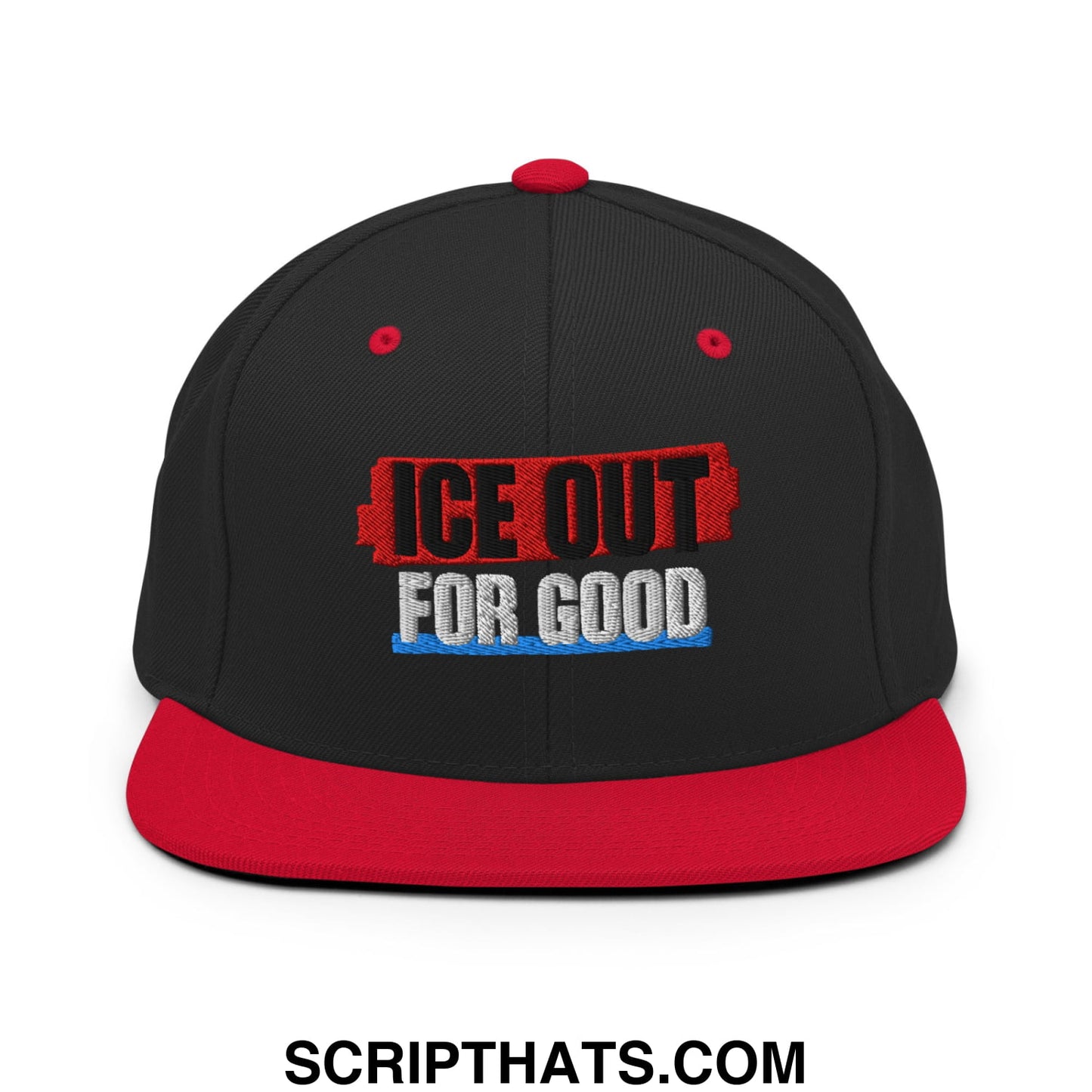 Black and red snapback hat with embroidered ice out for good logo in bold distressed lettering and flat bill brim