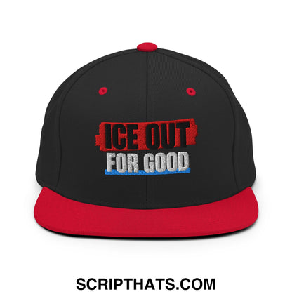 Black and red snapback hat with embroidered ice out for good logo in bold distressed lettering and flat bill brim