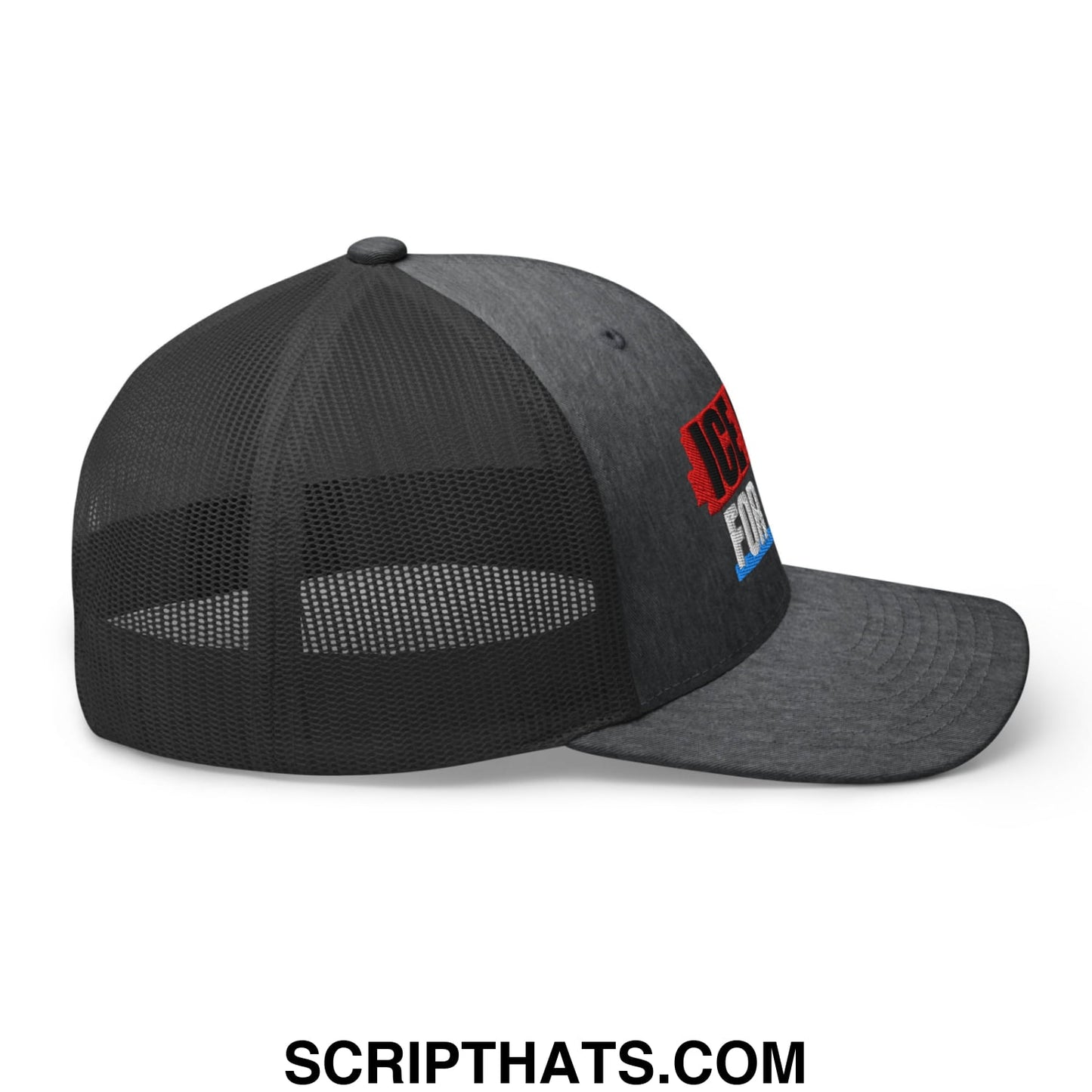 Black ice out for good embroidered mesh trucker hat with red white and blue logo and breathable back panel