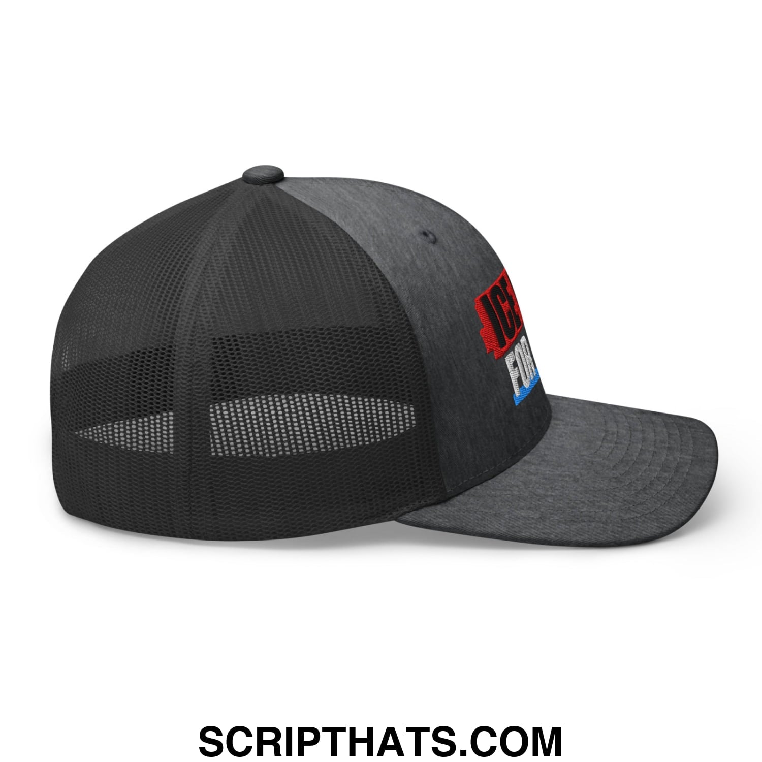 Black ice out for good embroidered mesh trucker hat with red white and blue logo and breathable back panel
