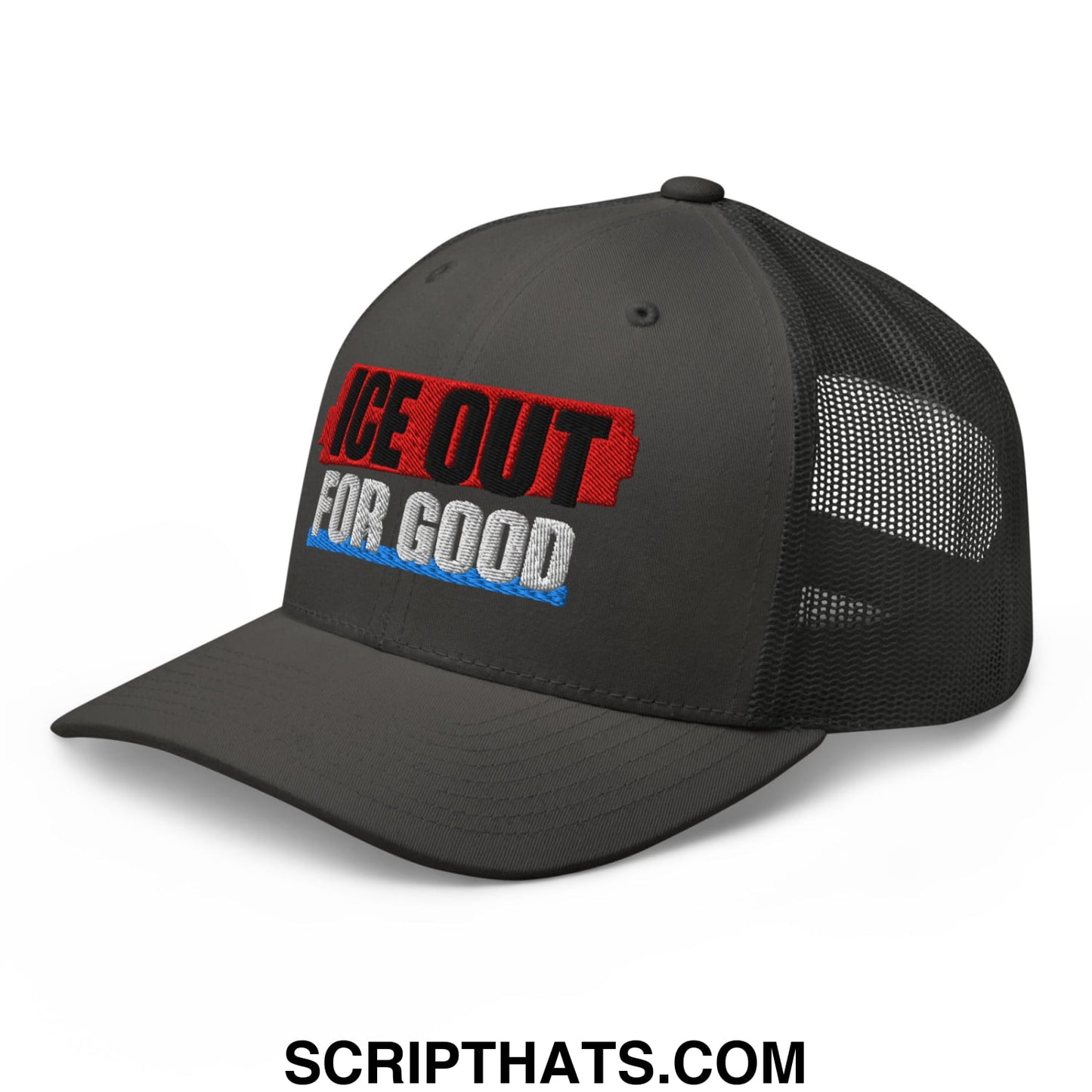 Black mesh trucker hat with embroidered ice out for good logo in red black and blue for casual wear