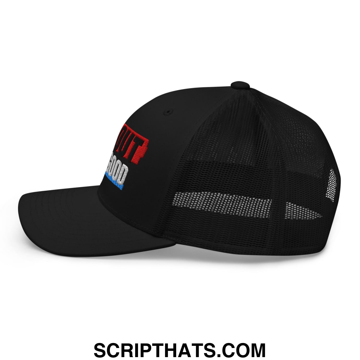 Black mesh trucker hat with embroidered red and blue out of text on front panel ice out for good design