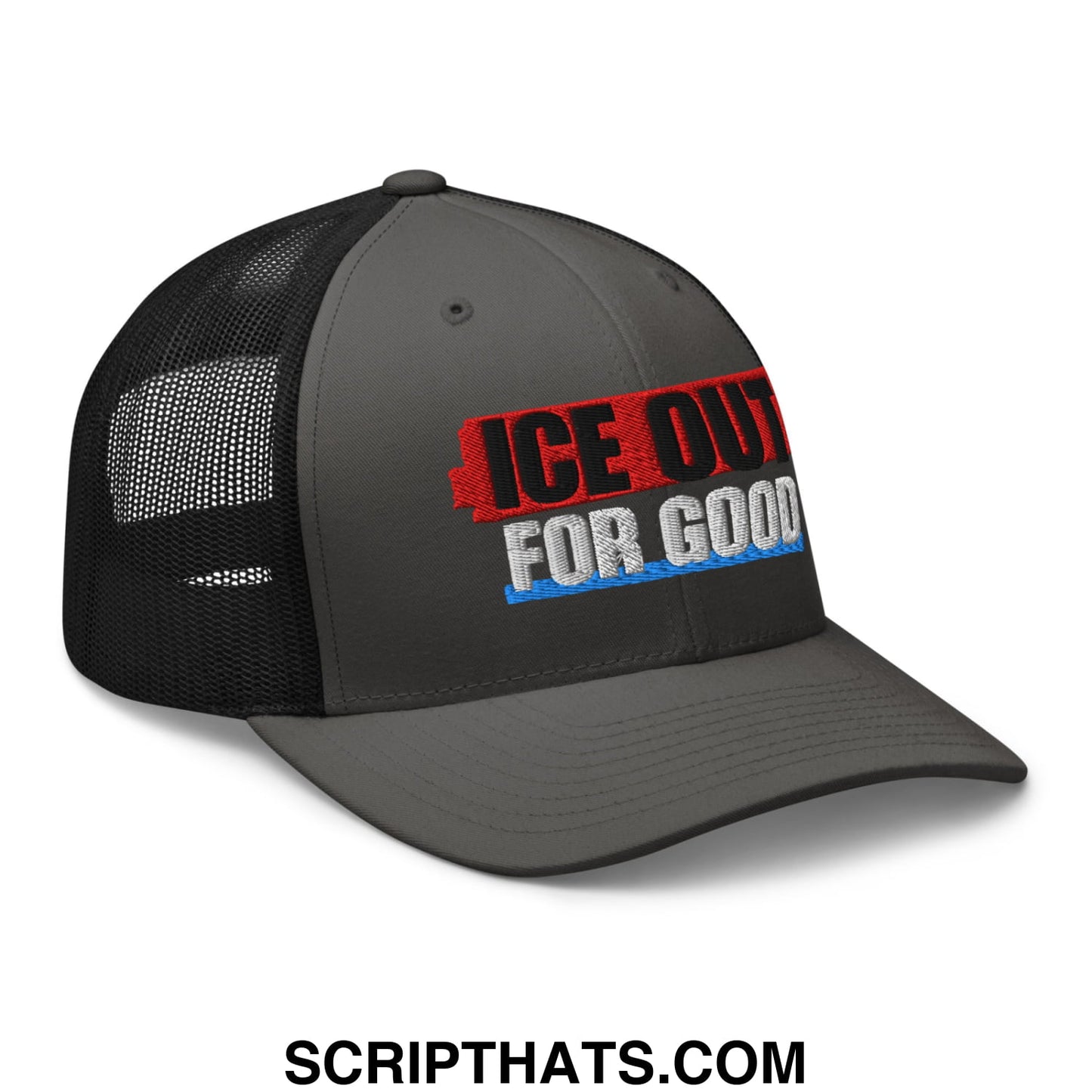 Dark gray trucker hat with black mesh back and embroidered ice out for good logo in red white and blue