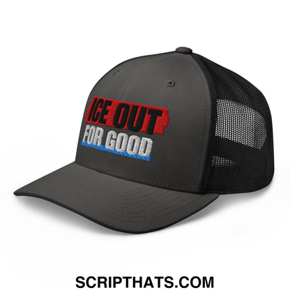 Dark gray mesh trucker hat embroidered with ice out for good in red black and blue on the front