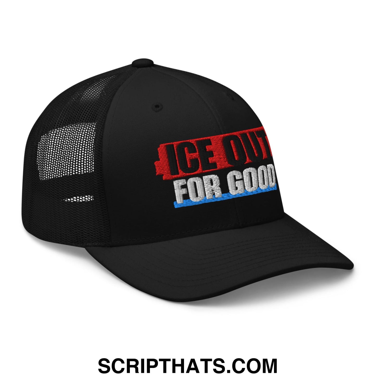 Black embroidered mesh trucker hat with ice out for good text in red white and blue underline detail