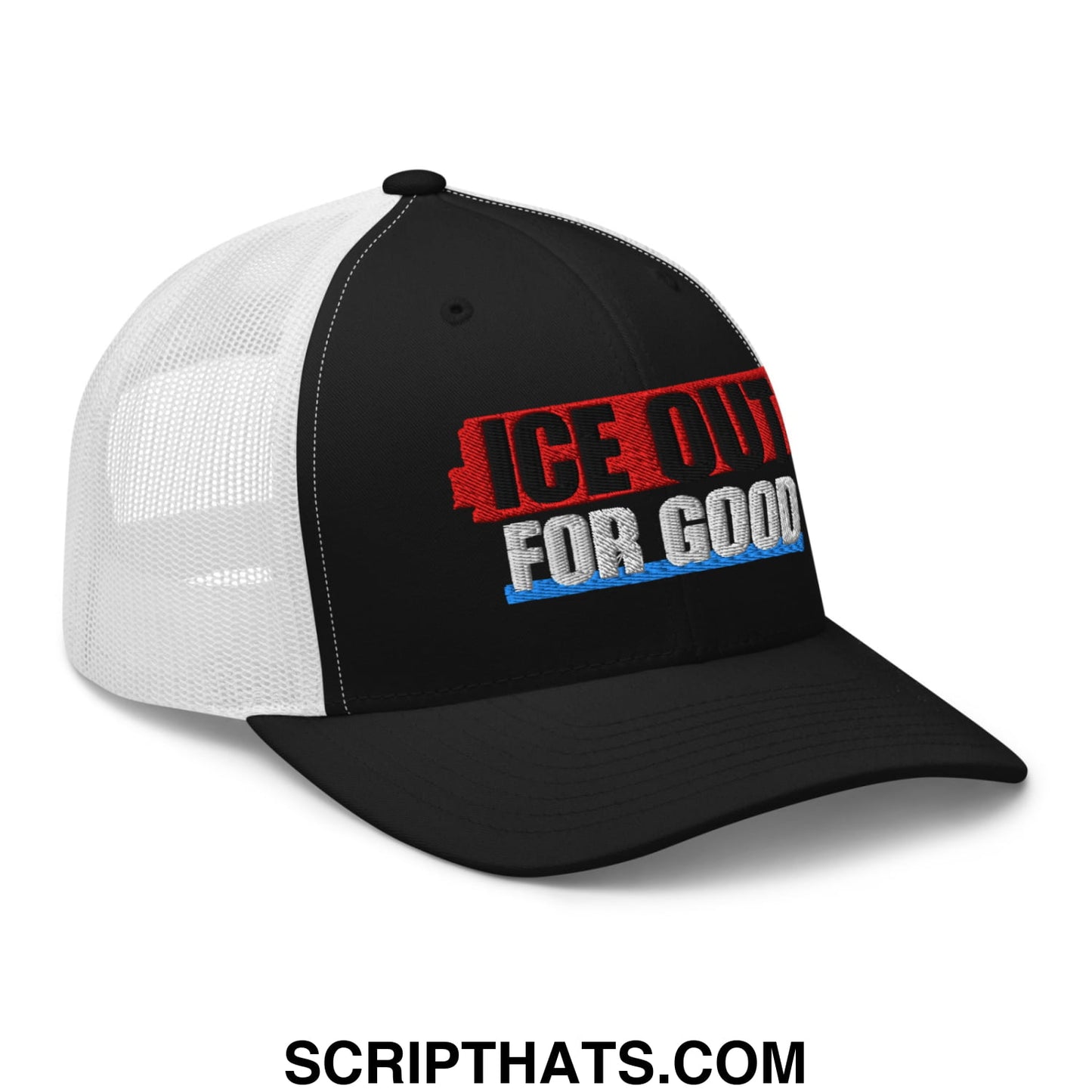 Black and white mesh trucker hat with ice out for good embroidered text in red black and blue