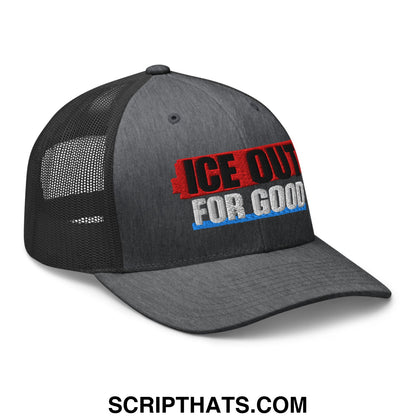 Dark gray ice out for good embroidered mesh trucker hat with red black and blue stitching on front