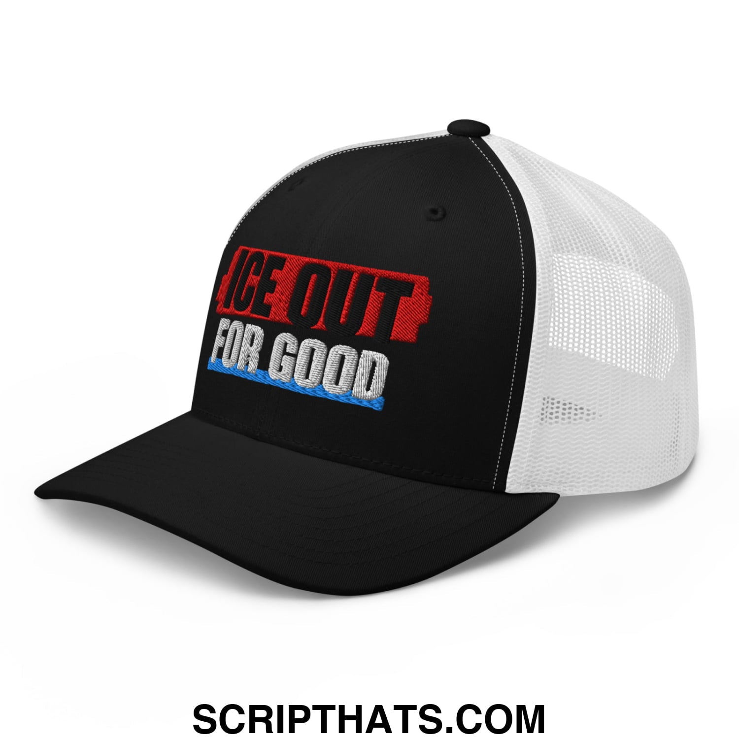 Black and white mesh trucker hat with ice out for good embroidered in red black and blue on the front