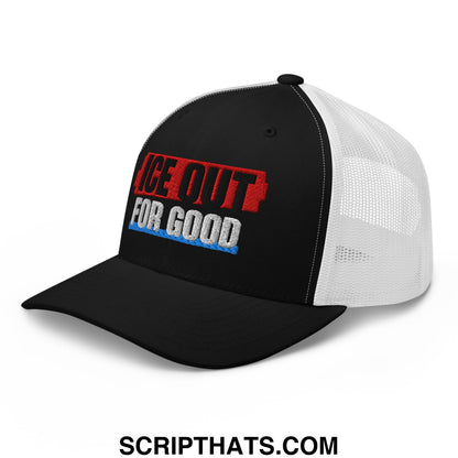 Black and white mesh trucker hat with ice out for good embroidered in red black and blue on the front