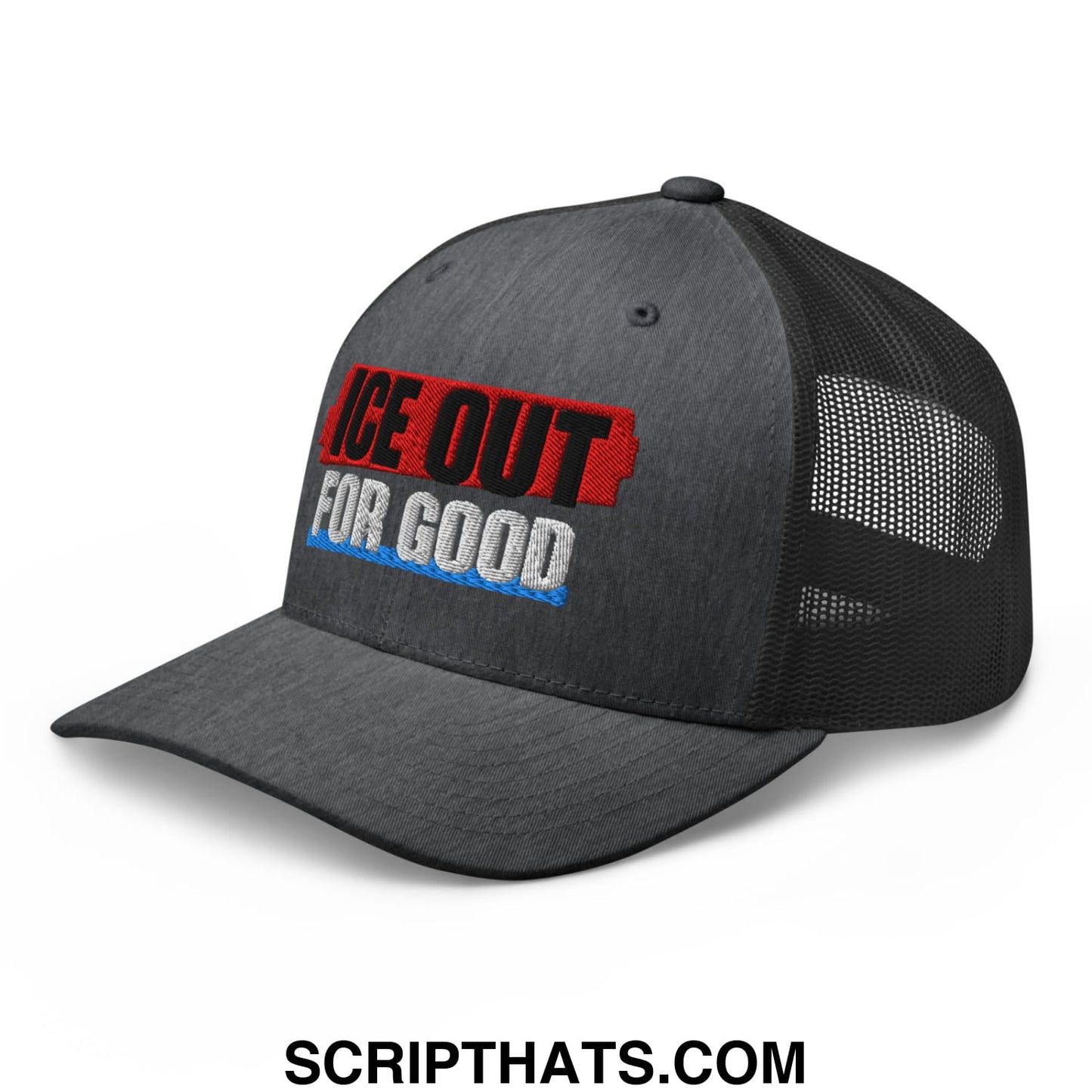 Dark gray mesh trucker hat with ice out for good embroidered in red black and blue on front panel