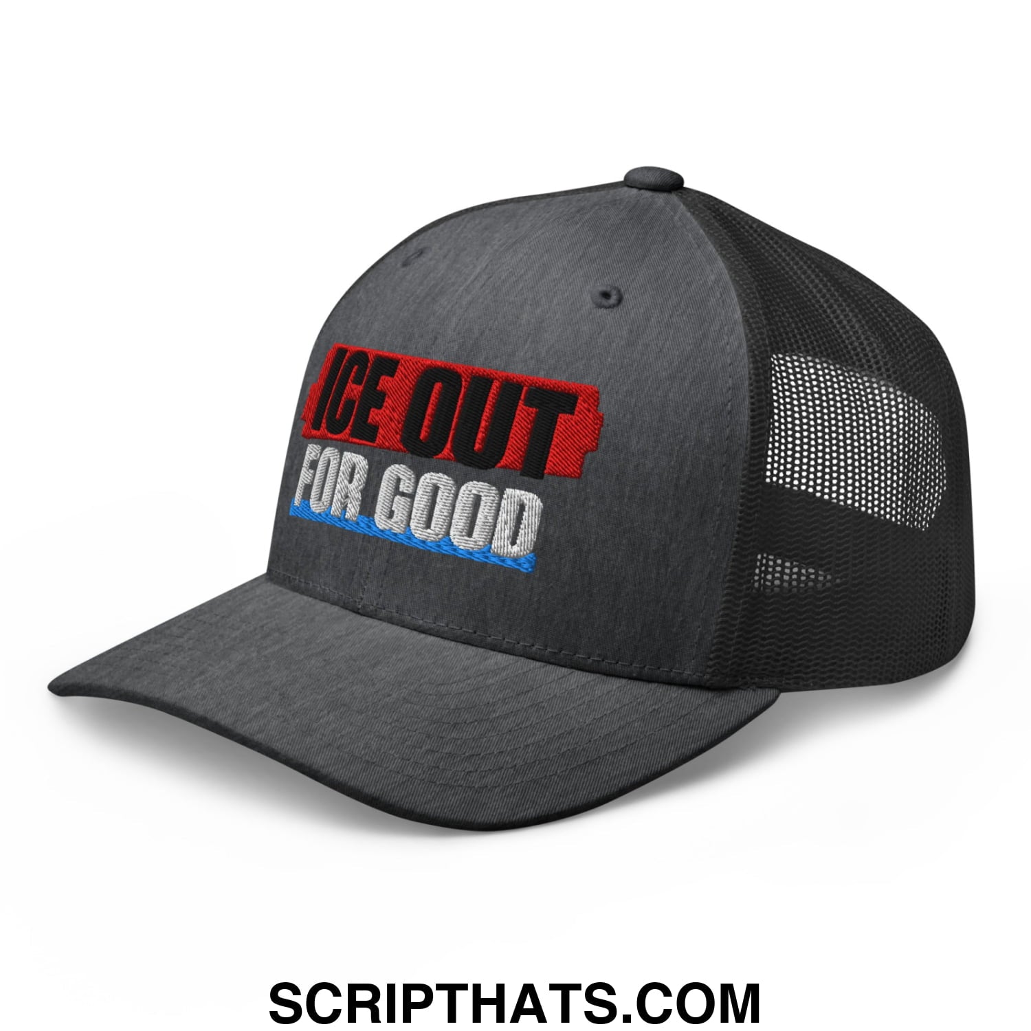 Dark gray mesh trucker hat with ice out for good embroidered in red black and blue on front panel