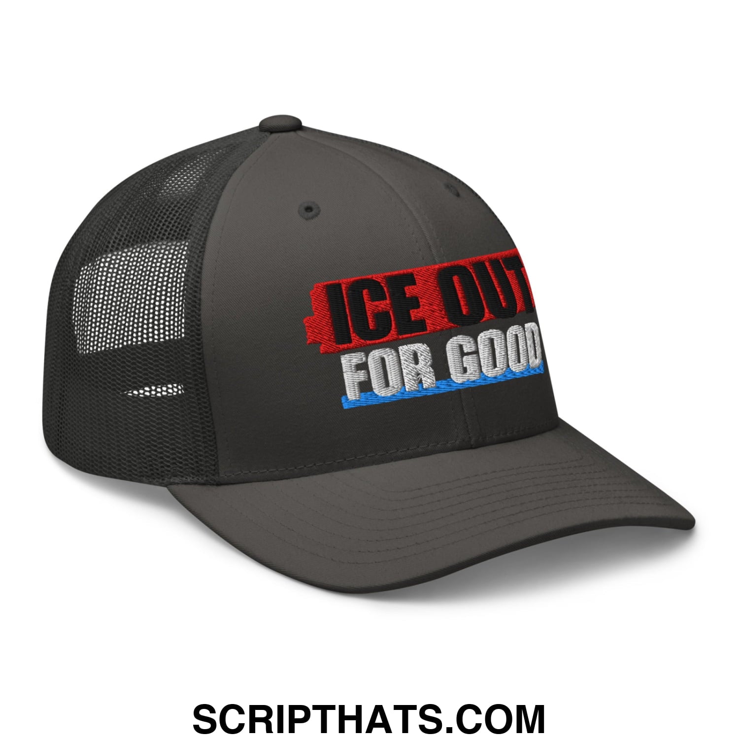 Black mesh trucker hat with ice out for good embroidered in red black and blue on the front panel