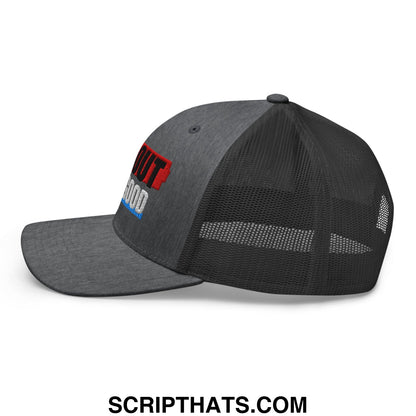 Dark gray mesh trucker hat with red and blue embroidered ice out for good logo on the front panel