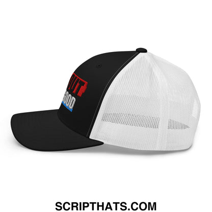 Black and white mesh trucker hat with red blue and black ice out for good embroidered logo on front