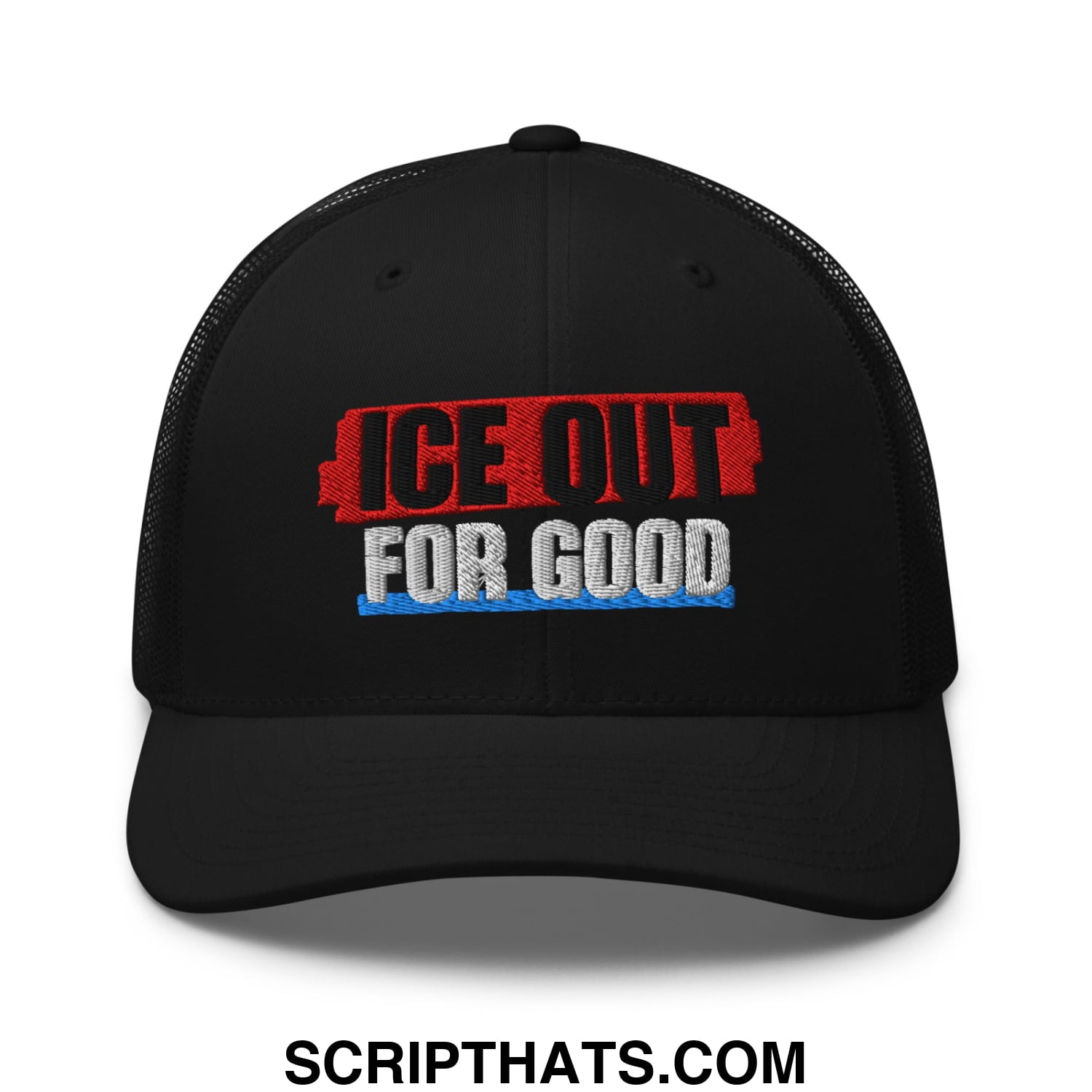 Black mesh trucker hat with embroidered ice out for good logo in red white and blue
