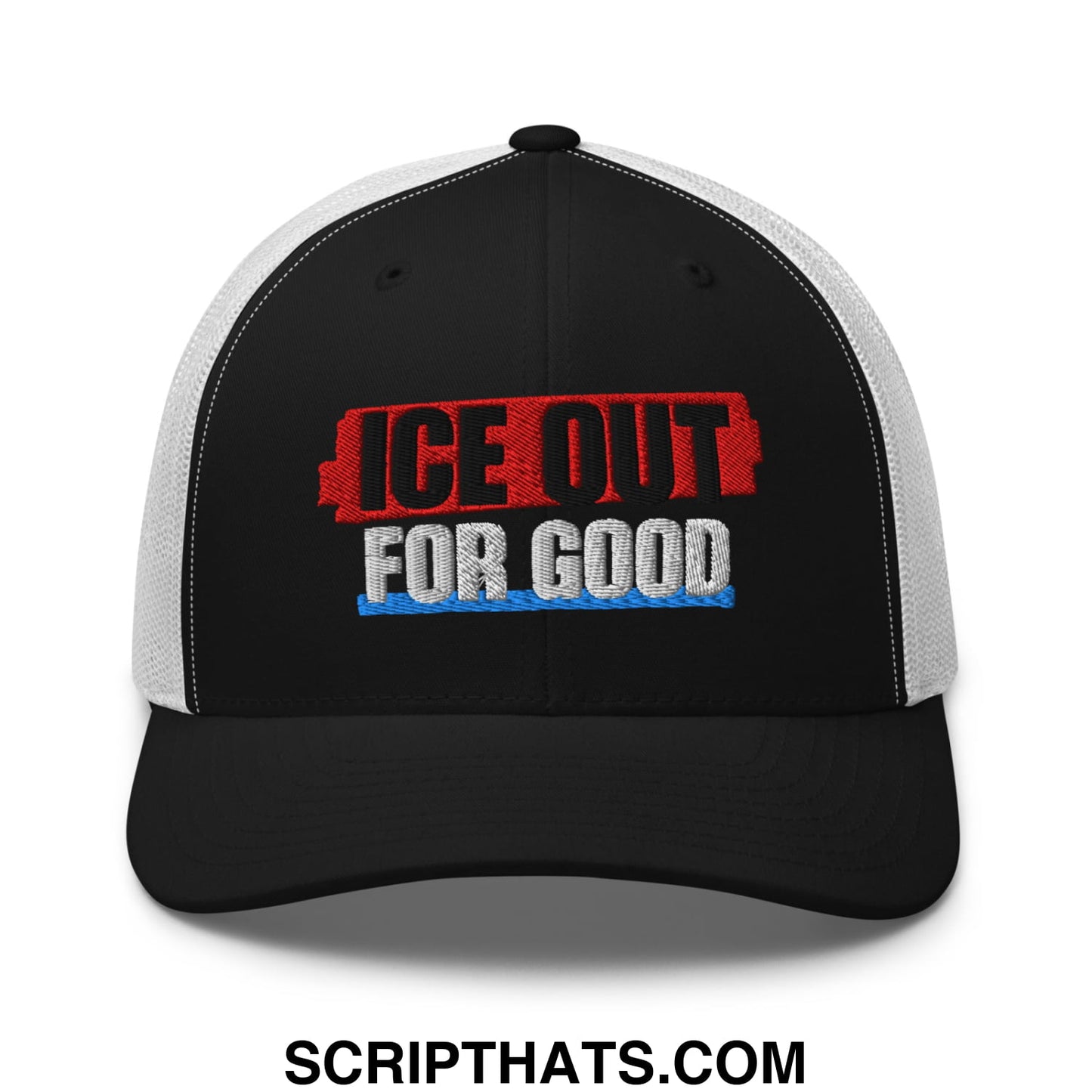 Black and white mesh trucker hat with embroidered ice out for good text in red black and blue