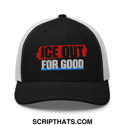 Black and white mesh trucker hat with embroidered ice out for good text in red black and blue