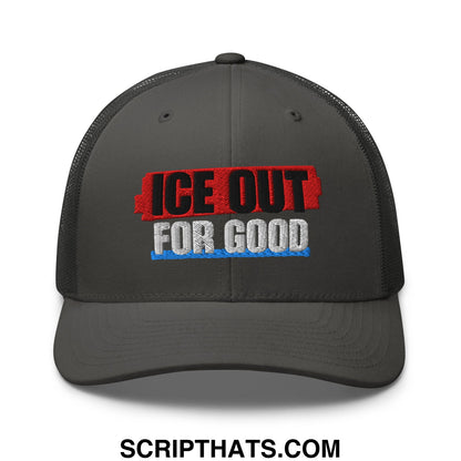 Dark gray mesh trucker hat with ice out for good embroidered text in red black and white