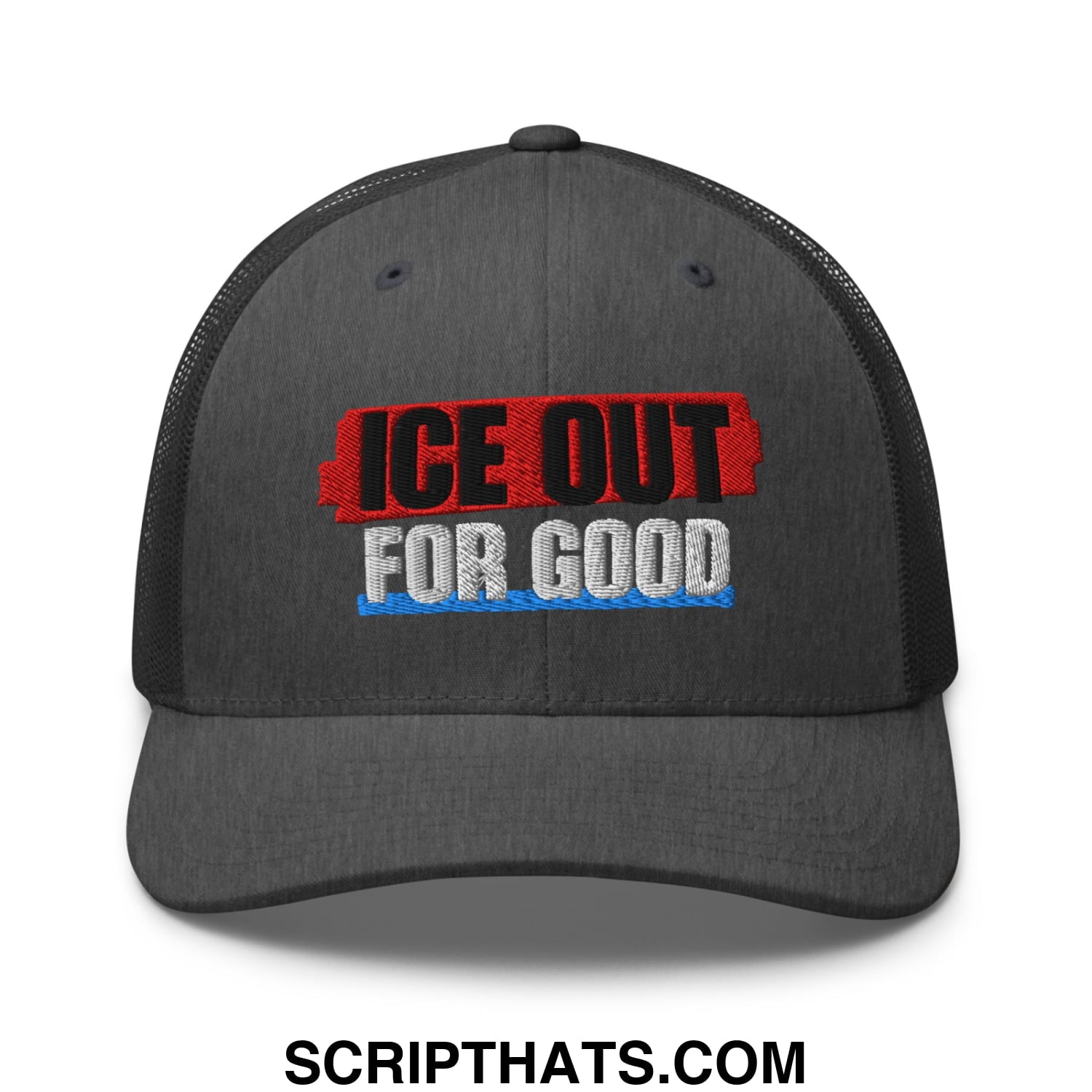 Black mesh trucker hat with embroidered ice out for good text in red black and white for casual wear