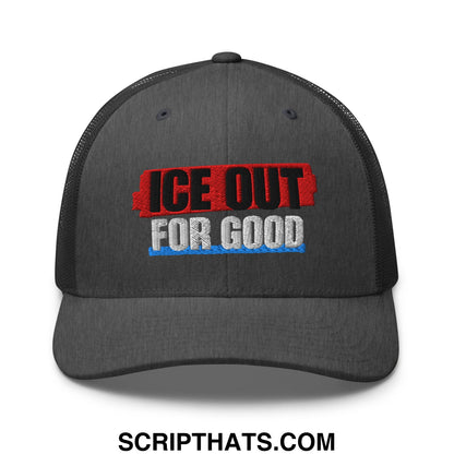 Black mesh trucker hat with embroidered ice out for good text in red black and white for casual wear