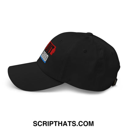 Black unstructured dad hat with embroidered red and blue ice out for good text on the side